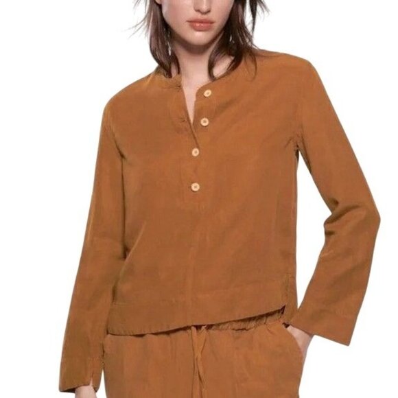 Zara Buttoned Linen Blend Shirt Size M Color Rust Lagenlook Utility Casual - Picture 1 of 6